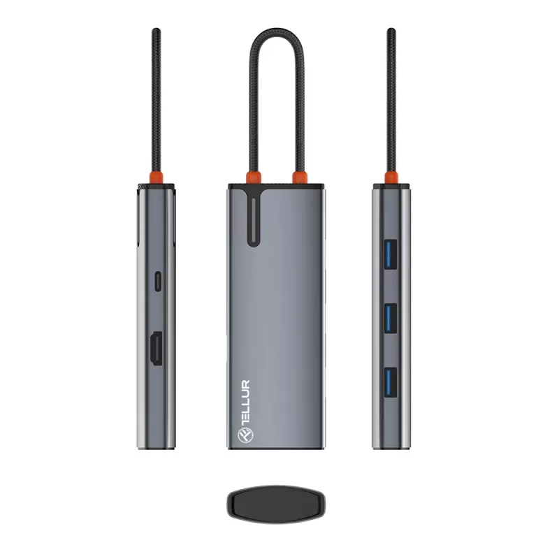 USB-C-keskitin Tellur TLL321061 PD 3.0 100W, HDMI-lähtö ja 3× USB 3.0 -liitäntää