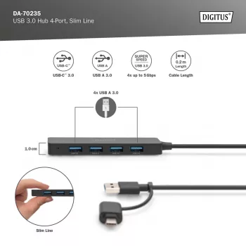 USB-keskitin, Digitus, DA-70235, 4 porttia, USB 3.2 Gen 1, Type-A ja Type-C, 12000 Mbit/s