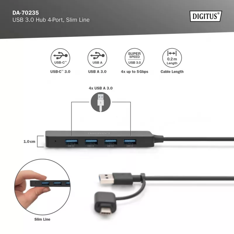 USB-keskitin, Digitus, DA-70235, 4 porttia, USB 3.2 Gen 1, Type-A ja Type-C, 12000 Mbit/s