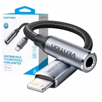 Äänisovitin Vention Lightning–3,5 mm BMBHA, Lightning–3,5 mm langallinen sovitin 0,1 m kaapelilla, harmaa