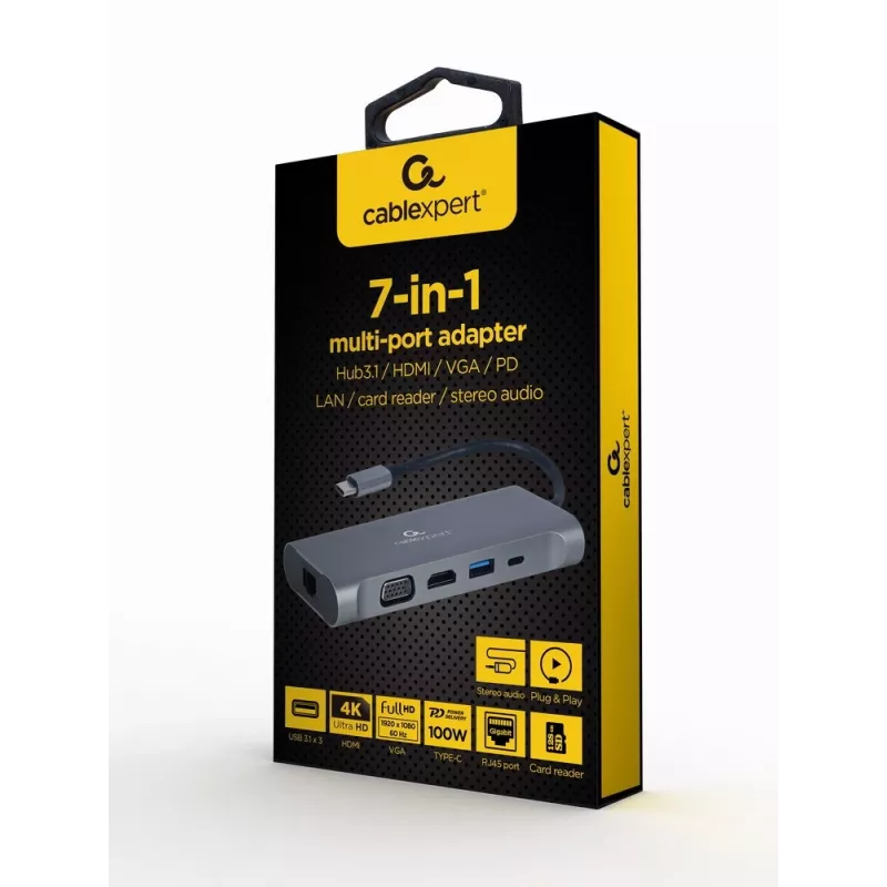 Gembird A-CM-COMBO7-01 kannettavan telakka/porttitoistin USB 3.2 Gen 1 (3.1 Gen 1) Type-A harmaa