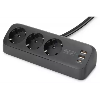 Jatkojohto DIGITUS 3-osainen 2×USB-A & 1×USB-C, 3 AC-pistorasiaa tyyppi E/F, 1,5 m kaapeli, musta