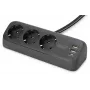 Jatkojohto DIGITUS 3-osainen 2×USB-A & 1×USB-C, 3 AC-pistorasiaa tyyppi E/F, 1,5 m kaapeli, musta
