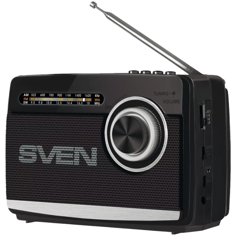 Kaiutin SVEN SRP-155, musta (3W, Bluetooth, FM/AM/SW, USB, microSD, taskulamppu, akku)