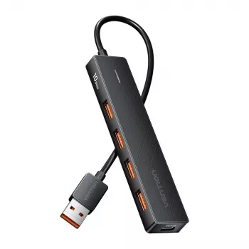 USB 3.2 Gen 2 5-in-1-moniporttikeskitin Vention CHOBB — 5 porttia (4× USB 3.2 Gen 2 Type-A, 1× USB 3.2 Gen 1 Type-A), 0,15 m, ABS, musta