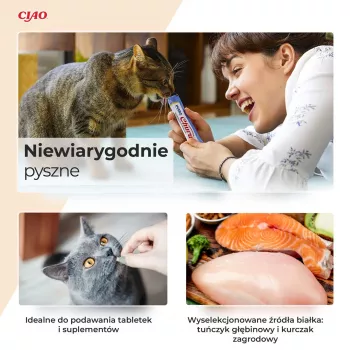 Märät kissanherkut INABA Churu lajitelma — tonnikala, 20 x 14 g pussia, tahna, kosteus 88 %, proteiini 8,5 %