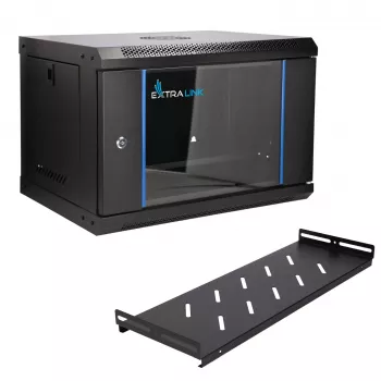 EXTRALINK LITE 6U 530X400 seinäasennettava räkkikaappi musta hyllyllä