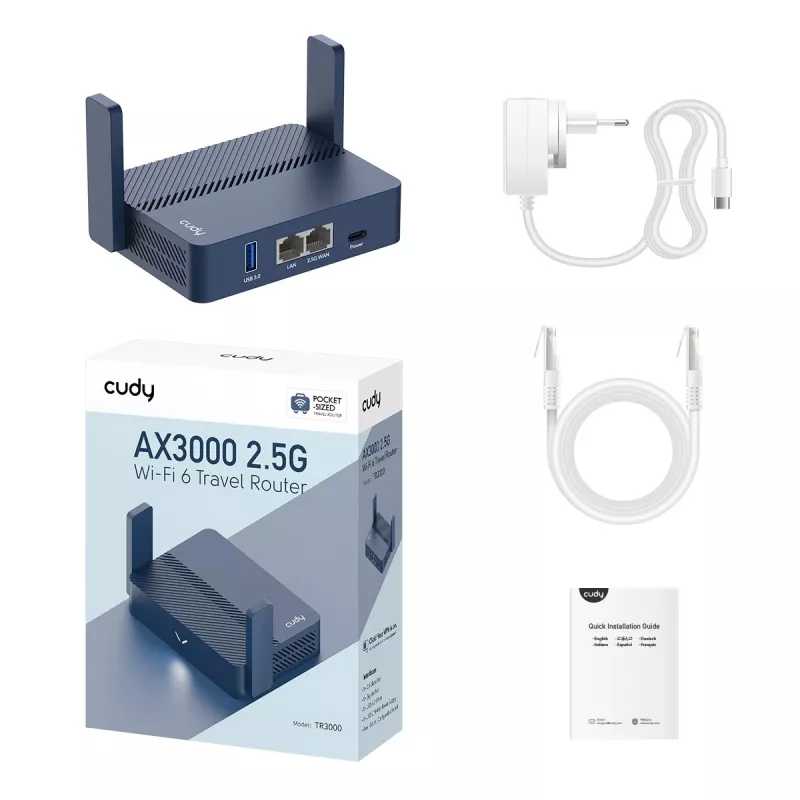 Kannettava reititin Cudy TR3000 AX3000 Wi‑Fi 6, Gigabit Ethernet WAN/LAN, USB-A, ulkoiset antennit, sininen