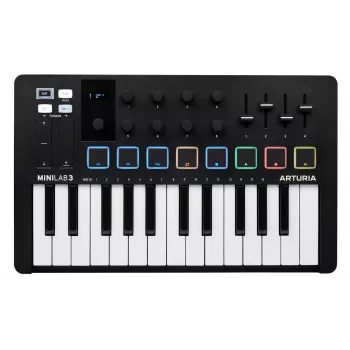 MIDI-ohjain ARTURIA MiniLab 3 — 25-näppäiminen kompakti USB-MIDI-kosketinsoitin MIDI-lähdöllä, monivärisesti taustavalaistut padit