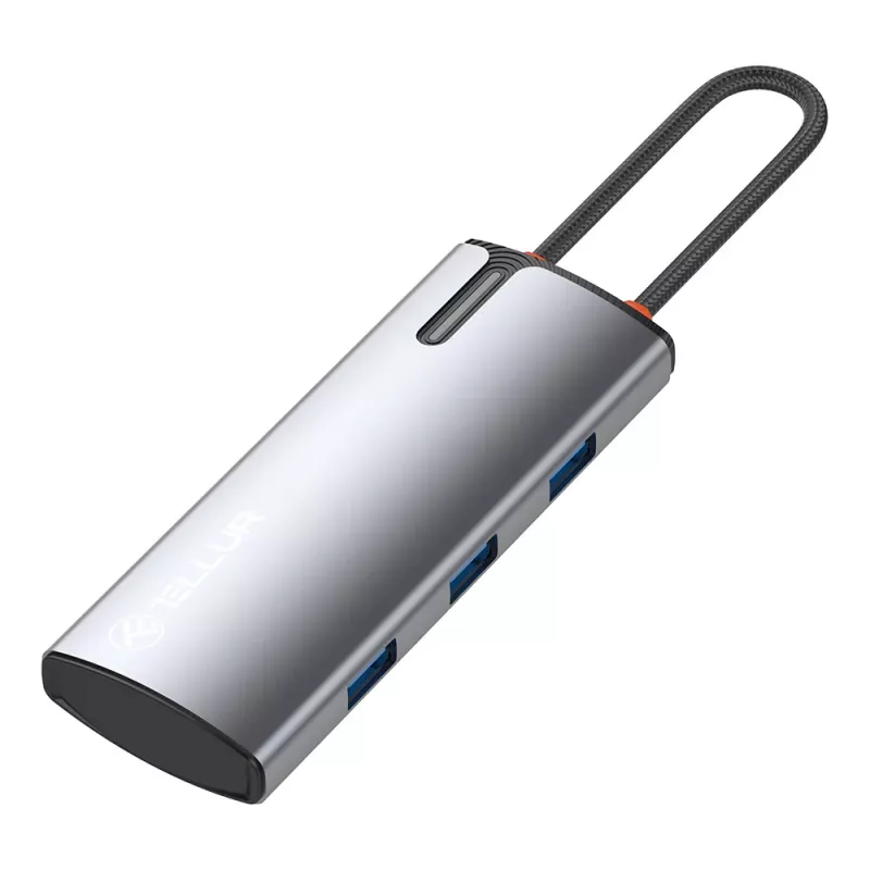 USB-C-keskitin Tellur TLL321061 PD 3.0 100W, HDMI-lähtö ja 3× USB 3.0 -liitäntää