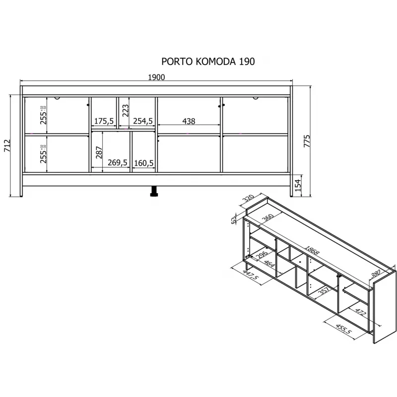 Cama PORTO 3D -lipasto 190x38x77 tammi/musta