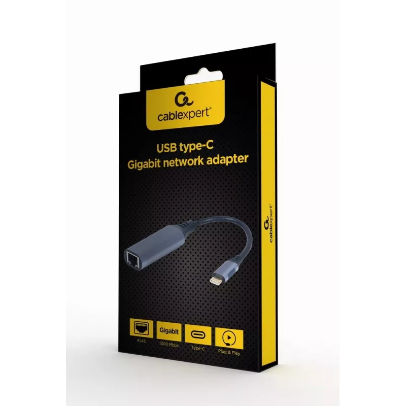 Verkkosovitin Gembird A-USB3C-LAN-01 Type-C USB 3.2 Gen 1, Gigabit RJ-45, 0,15 m kaapeli, metallikotelo, harmaa/musta