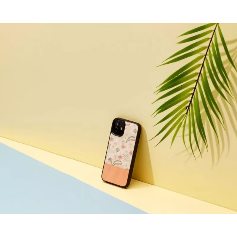 Man and Wood -suojakotelo iPhone 12 mini — pinkki kukka mustalla
