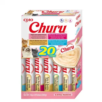 Märät kissanherkut INABA Churu Variety Box Seafood — 20 x 14 g tuubia, kalatahna, viljaton, sokeriton ja gluteeniton