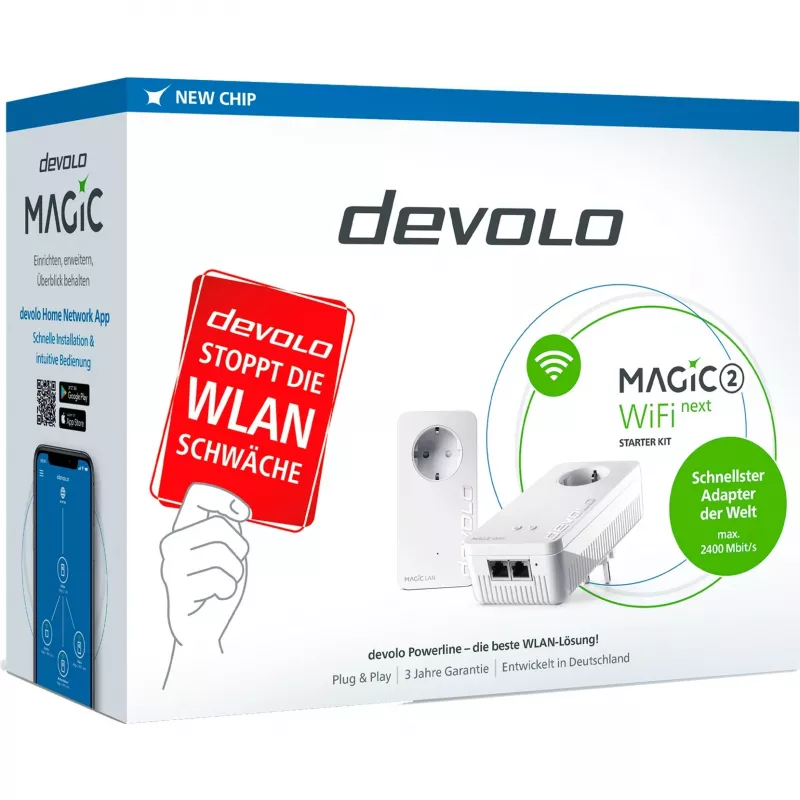 devolo Magic 2 WiFi next Powerline-aloituspakkaus 1x devolo Magic 2 WiFi next -sovitin, 1x devolo Magic 2 LAN -sovitin