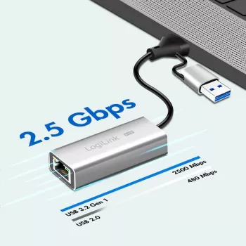USB-A/-C - 2,5G Ethernet-sovitin, harmaa