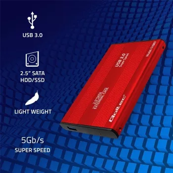 HDD/SSD-kotelo QOLTEC 51860 2,5 tuuman SATA III -asemille, USB Type-A, 5 Gbit/s, alumiini, punainen