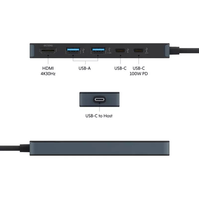 Hyper HyperDrive Flex HD4101BKGL 5-porttinen USB-C-keskitin (2x USB-A, 1x USB-C, 1x HDMI), musta