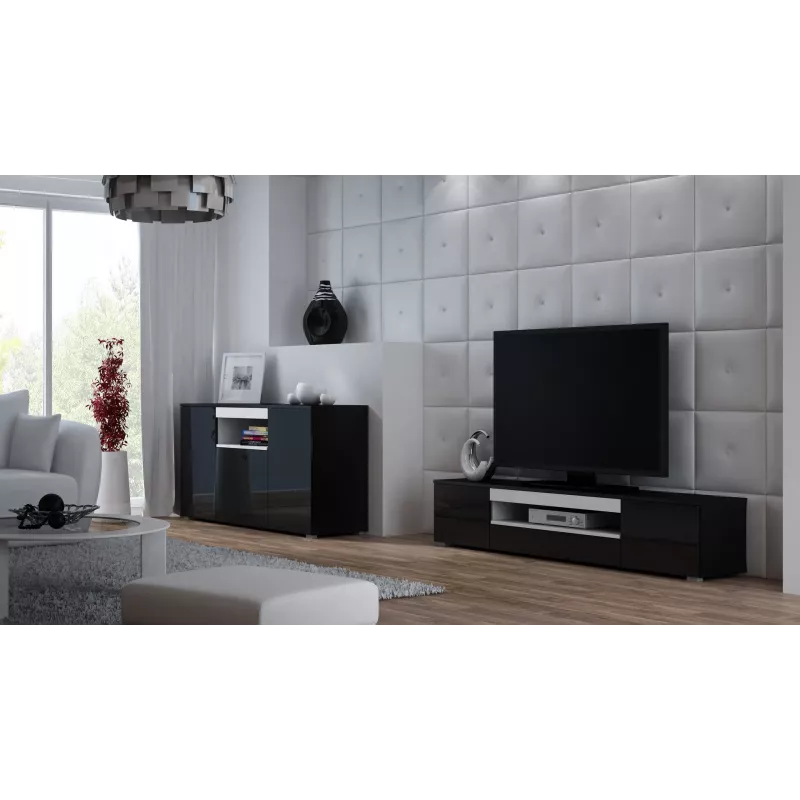 Cama Sideboard VIVA 150 musta/musta kiiltävä + valkoinen