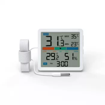 Lämpömittari‑hygrometri MANTA MTO002W ulkoanturilla (150 cm), sisällä 0–+50 °C, ulkona -40–+70 °C, kosteus 20–95 % RH, mukavuusilmaisin, kello