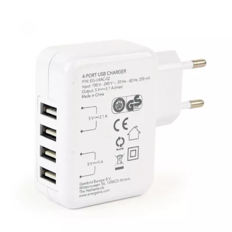 USB-laturi universaali valkoinen/4-porttinen EG-U4AC-02 GEMBIRD