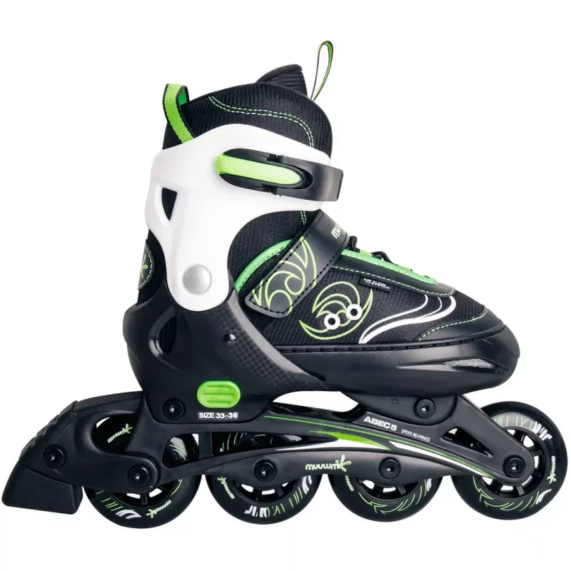 Inline-luistimet Muuwmi 682 säädettävä koko 33–36 vihreä/musta suojasarjalla