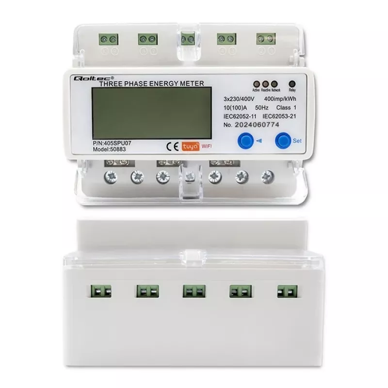 Kolmivaiheinen energiamittari QOLTEC 50883 Wi‑Fi 400V LCD-näytöllä