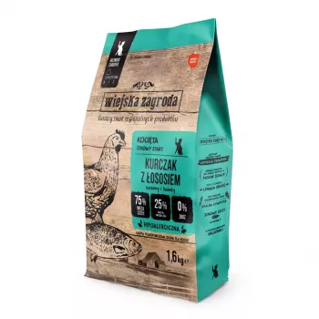 Kuivaruoka kissoille wiejskazagroda kana lohella 1,6 kg — junior, proteiini 44 %, rasva 18 %, gluteeniton ja sokeriton