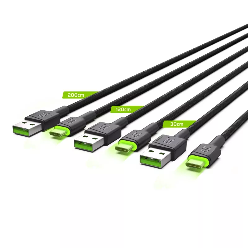 Green Cell GC Ray KABGCSET01 USB-A–USB-C-kaapelisarja, 3 kpl (30 cm, 120 cm, 200 cm), vihreä LED, QC 3.0 -pikalataus, musta