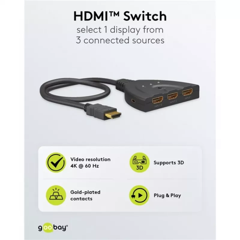 HDMI-vaihtokotelo 3 to 1 (4K @ 60Hz), HDMI-kytkin (musta, 55cm kaapeli)