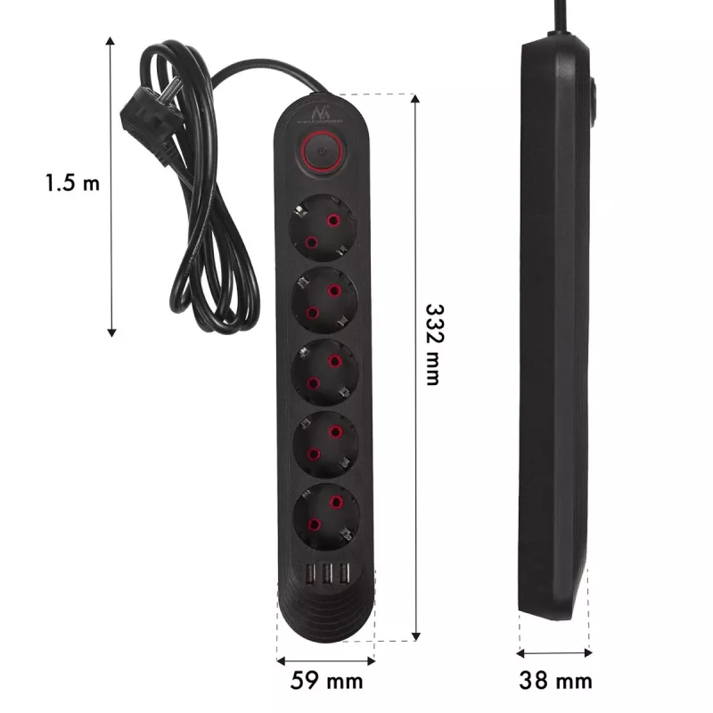 Steckdosenleiste MACLEAN MCE395 B — 5 pistorasiaa, 3×USB, 110–240V AC, 2,1A USB, 2500W, 1,5 m kaapeli, musta