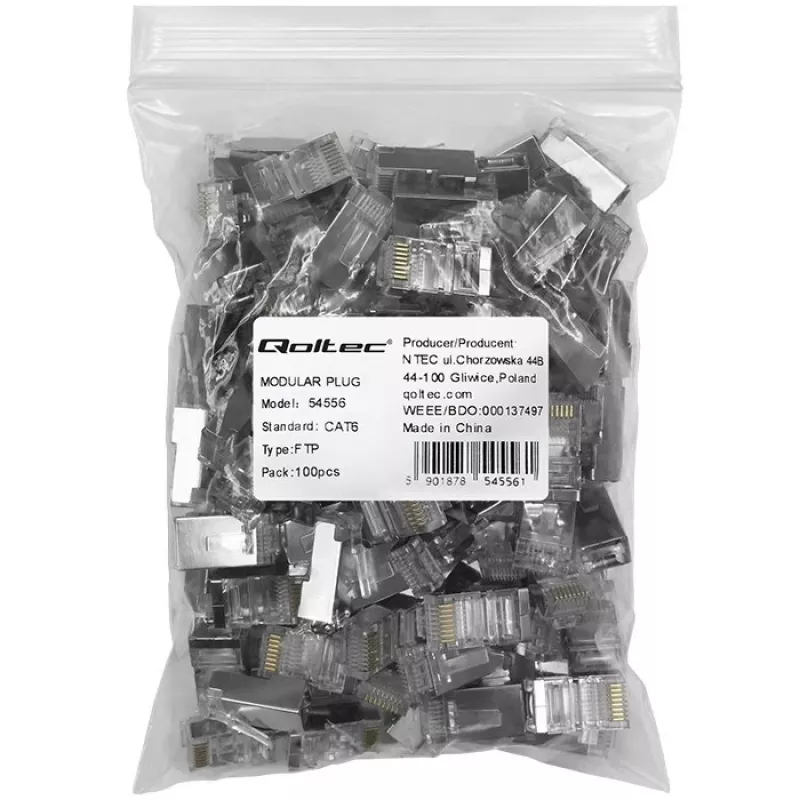 RJ45-modulaariliitin QOLTEC 54556 CAT6 FTP, hopea, 18×22×11 mm, 100 kpl:n pakkaus