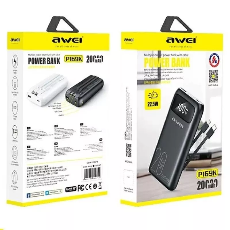 Powerbank 20000mAh P169 K 22.5W USB-C + Apple kaapeli