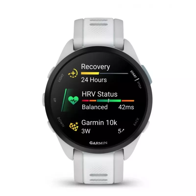 Älykello GARMIN Forerunner 165 — GPS, AMOLED 1,2 inch, 4 GB, 5 ATM, 11 päivän akku, harmaa kotelo, valkoinen ranneke