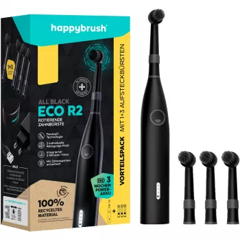 happybrush ECO R2 Allblack, aikuinen, värähtelevä hammasharja, syväpuhdistus, kiillotus, herkkä, 8800 liikettä minuutissa, musta, Saksa