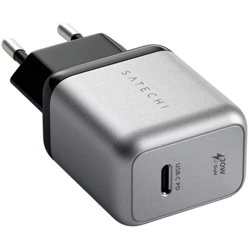 Mobiililaitteen laturi Satechi ST-UC30WCM-EU — yleinen AC-laturi sisäkäyttöön 1× USB-C, musta/hopea