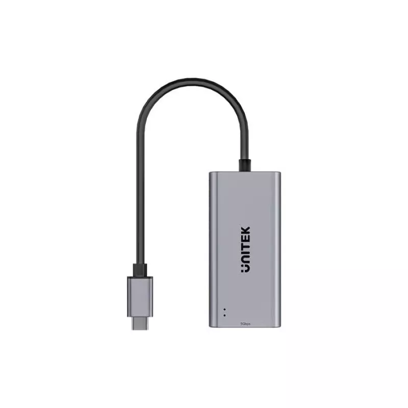 USB-C–RJ45-sovitin Unitek U1343AGY01 — 5 Gbit/s Ethernet, USB-C (uros) – RJ45 (naaras), harmaa, 0,15 m kaapeli