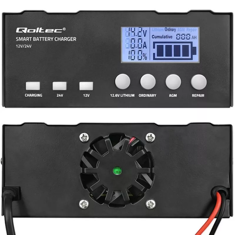 Akkulaturi QOLTEC 52491 mikroprosessori 12V/12,6V/24V LCD-näytöllä