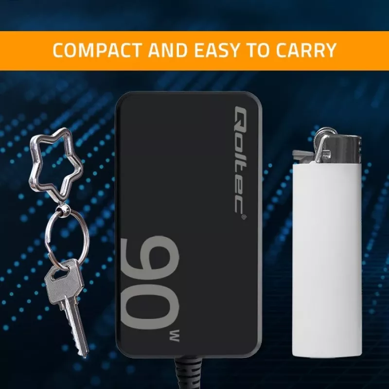 Qoltec 90W GaN Super Fast SLIM seinälaturi | XP | 5-20V | 4,5A | USB-C 3.1 | kannettava | MacBook | älypuhelin | + kaapeli