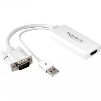 Delock - video-/audiosovitin - USB, 15 pin D-Sub (DB-15) uros - HDMI naaras - 25cm - valkoinen (62460)