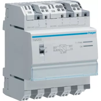 Hager TGA200. Napojen määrä: 4P. AC-tulojännite: 230 V, AC-tulotaajuus: 50/60 Hz (TGA200)