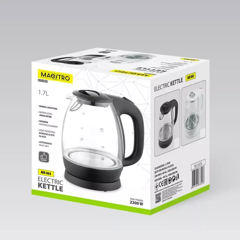 Sähköinen lasivedenkeitin Maestro MR-063-musta, 2200 W, lasirunko, johdoton alusta