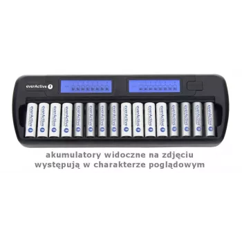 Akkulaturi everActive NC-1600 — yleinen DC-laturi Li-Ion-akuille, tukee 16 kennoa, yhteensopivat koot AA/AAA/C, musta, AC 100–240V 50–60Hz