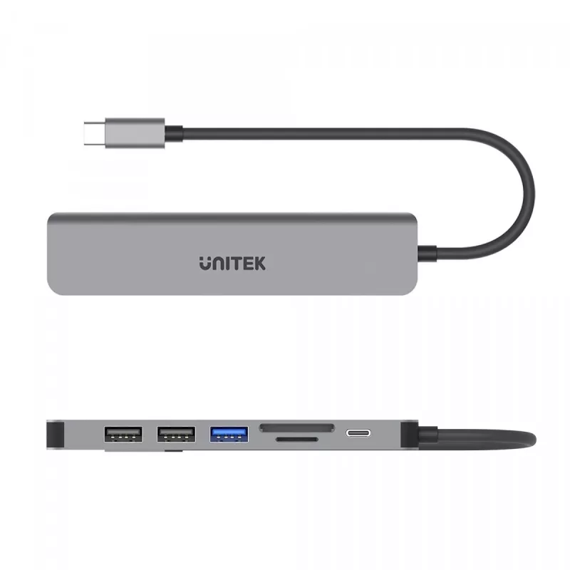 USB-C-keskitin Unitek 7in1 alumiini PD 100W 5 Gbps — moniporttinen sovitin Power Delivery -tuella