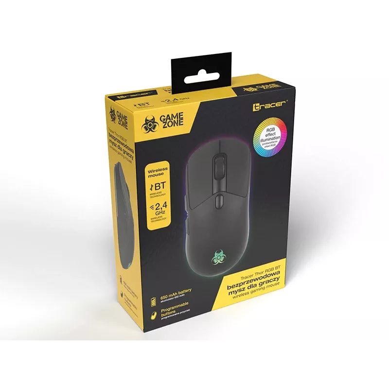 Tracer GameZone Thor RGB langaton pelihiiri, 2,4 GHz + Bluetooth, 10000 DPI, musta