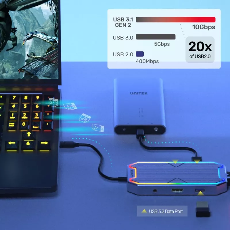 Unitek uHUB S7+ D1029A USB-C-keskitin, USB 3.2 Gen 2 10 Gbps, HDMI 2.0, Gigabit RJ45, 3,5 mm:n äänipistoke, 100 W, harmaa