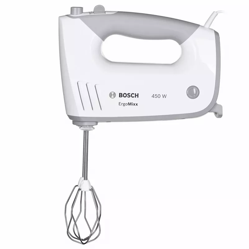 Bosch MFQ36480 -käsivatkain – 450 W, 5 nopeutta turbolla, harmaa/valkoinen, pallovispilä ja taikinakoukut