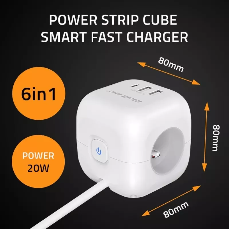Power Cube QOLTEC 52547 jakotukki 3×AC-pistorasia, 2×USB-A, 1×USB-C PD 20W