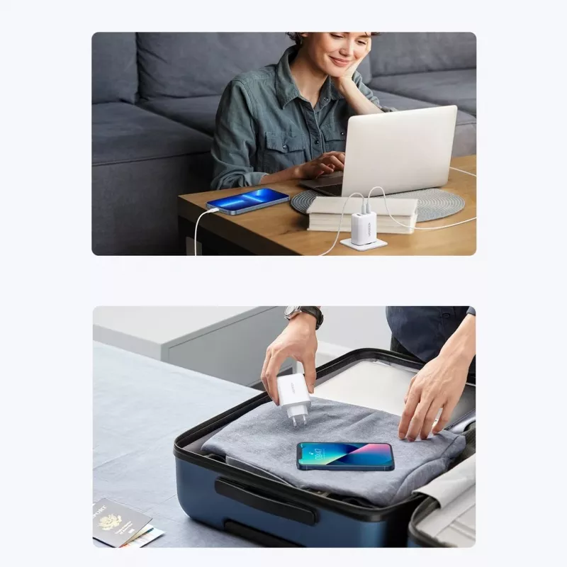 Seinälaaturi UGREEN CD275 2× USB Type-C 65W valkoinen — Dual-USB-C 65W pikalataus, 100–240V tulo