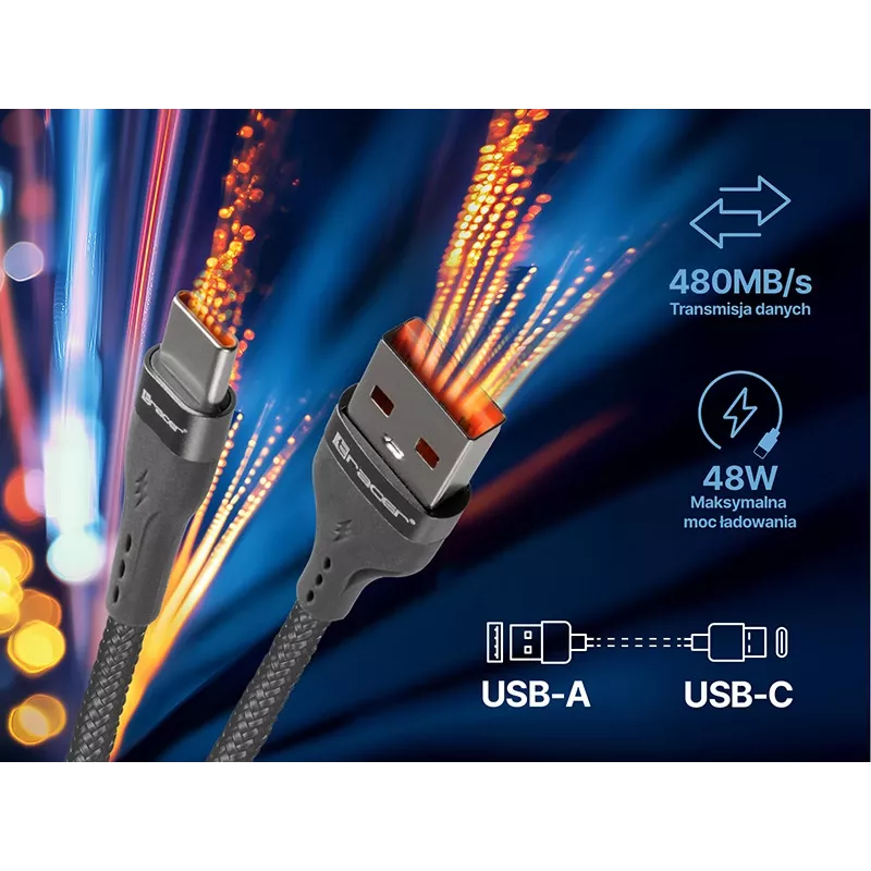 Tracer 47487 USB A - Type-C M/M 1m kaapeli harmaa